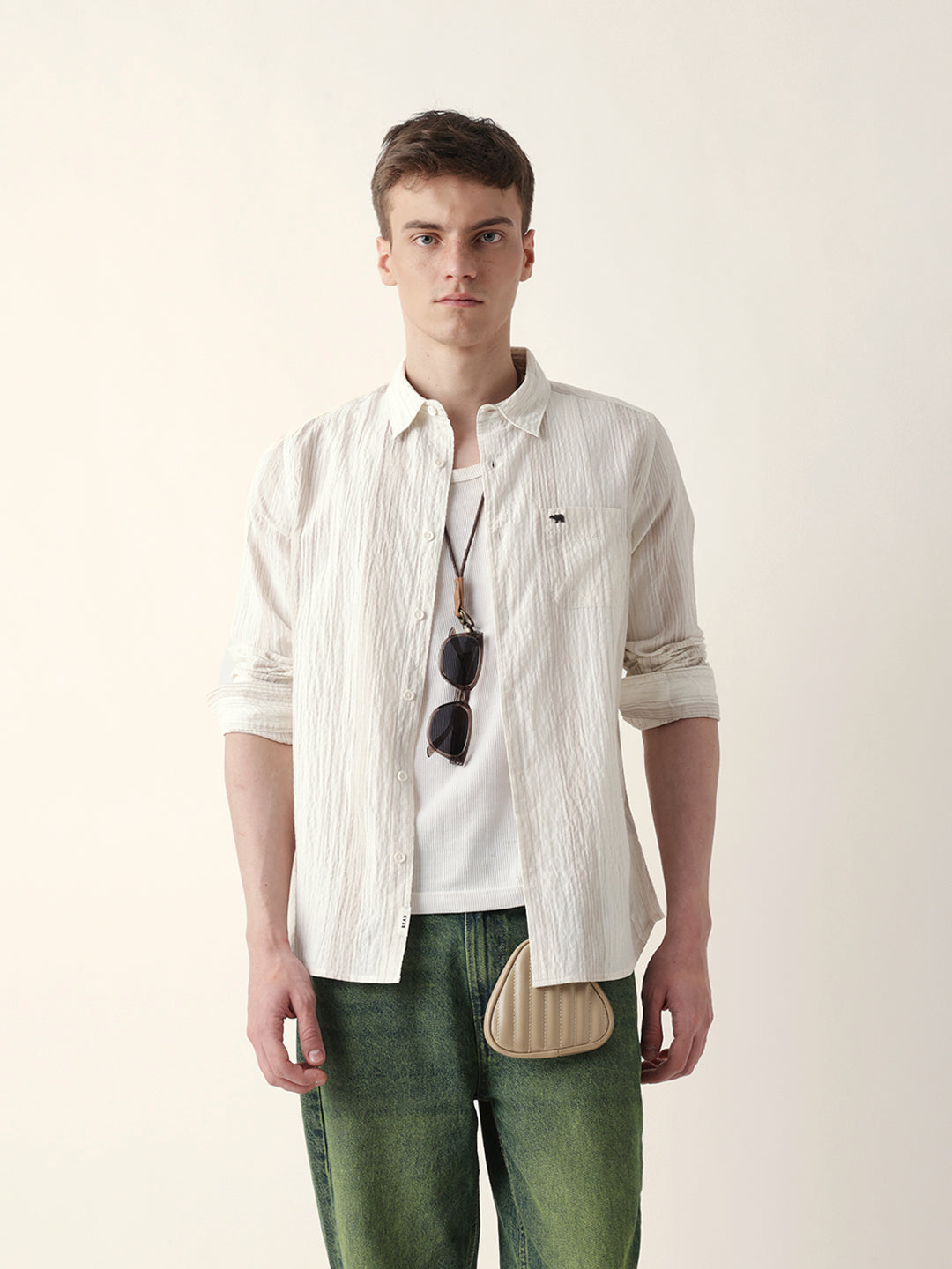Cream Crinkled Vertical Striped Slim Fit Casual Shirt