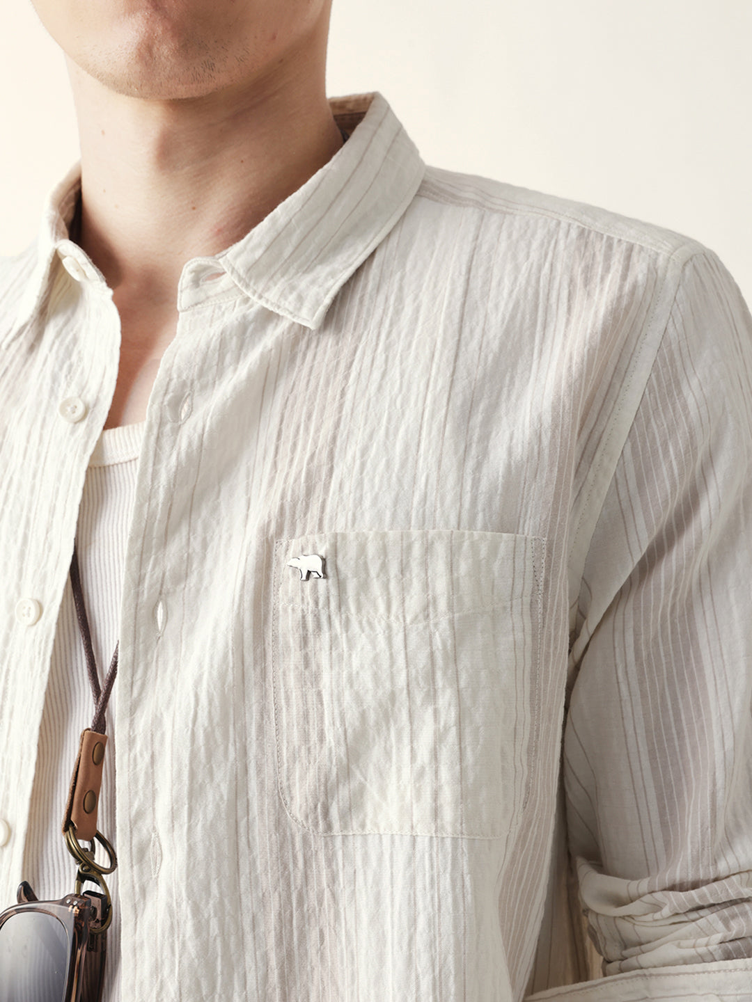 Cream Crinkled Vertical Striped Slim Fit Casual Shirt