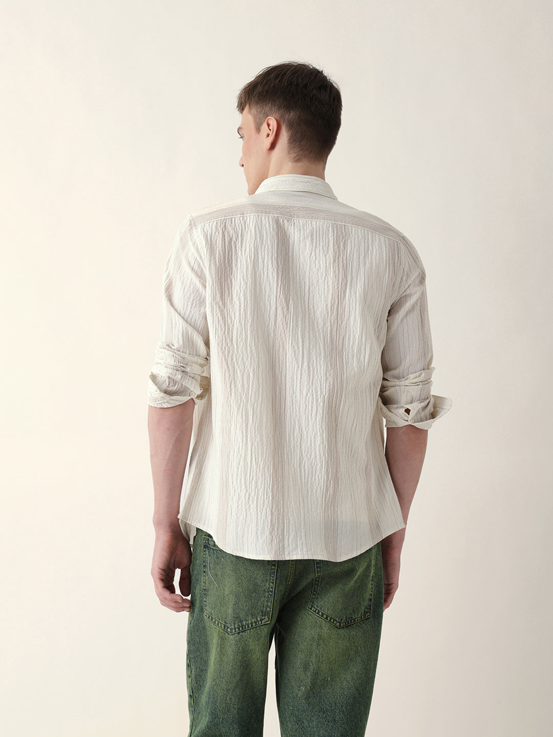 Cream Crinkled Vertical Striped Slim Fit Casual Shirt