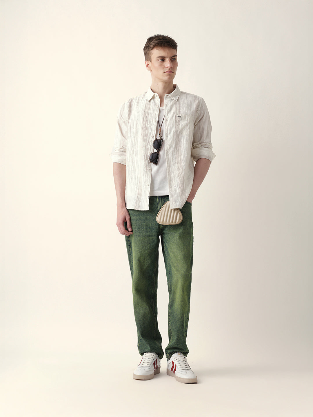 Cream Crinkled Vertical Striped Slim Fit Casual Shirt