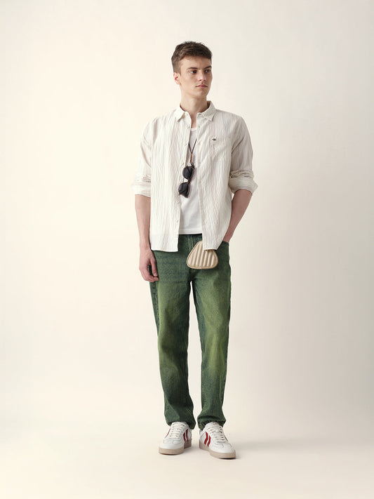 Cream Crinkled Vertical Striped Slim Fit Casual Shirt
