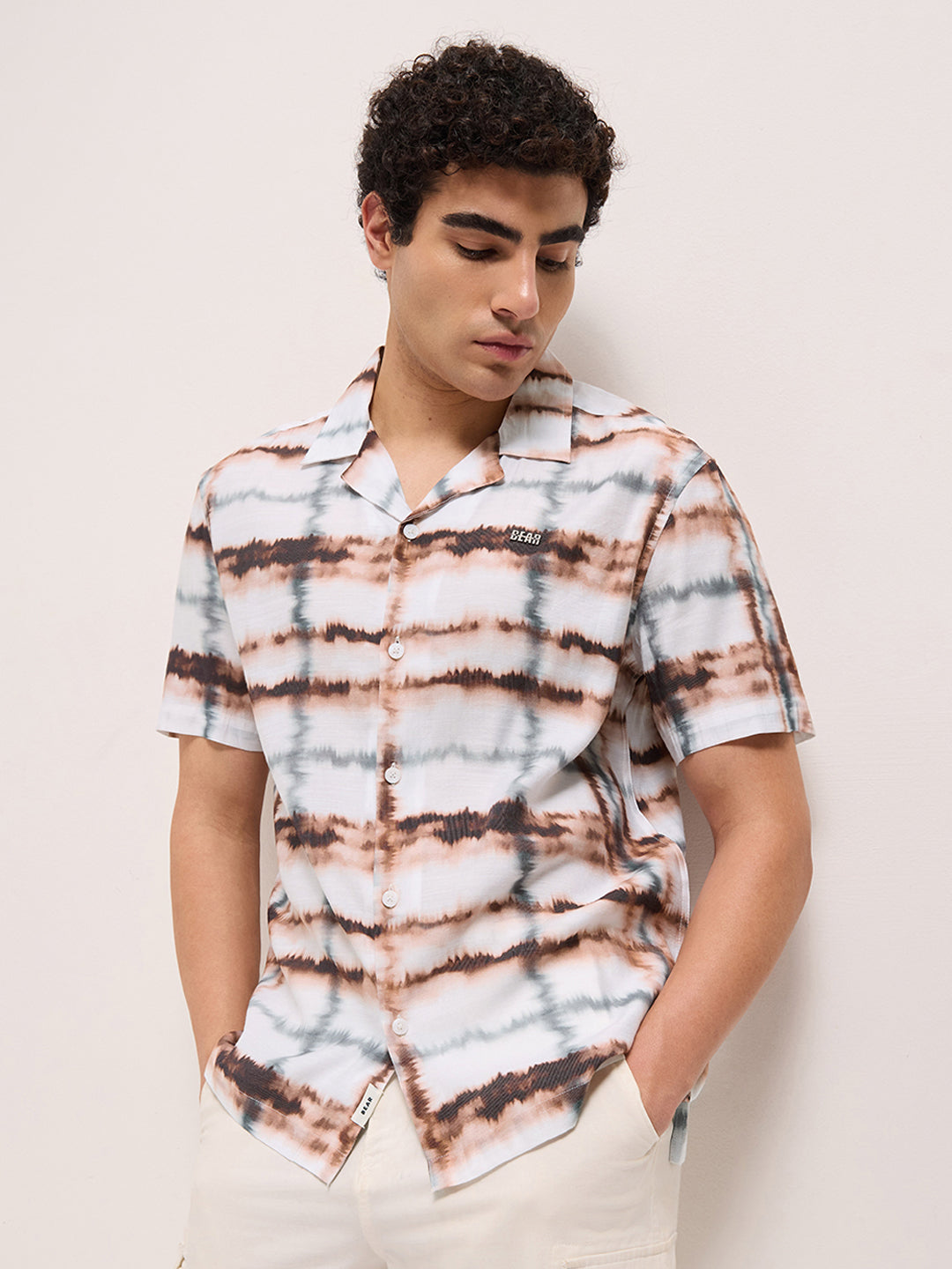 Multicolor Abstract Tie-Dye Print Relaxed Fit Cuban Collar Casual Shirt