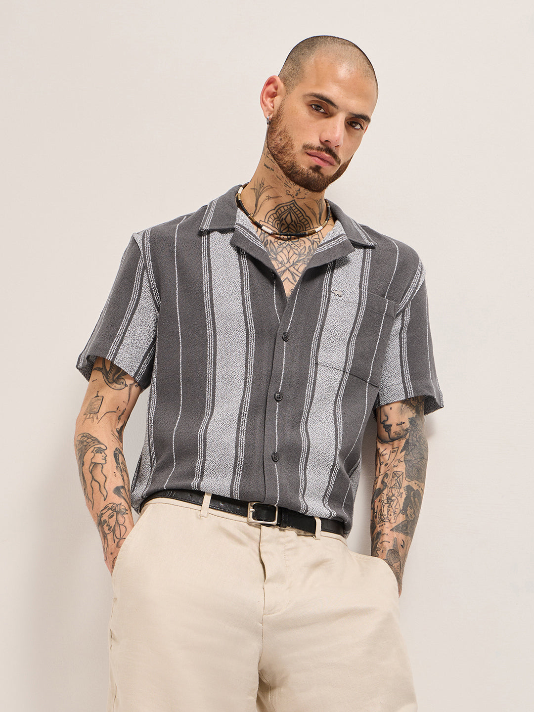 Grey Striped Regular Fit Casual Shirt with Cuban Collar Design