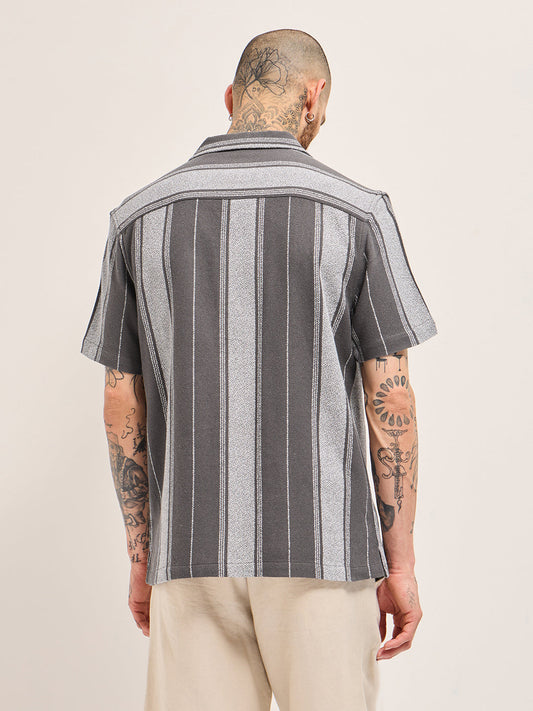 Grey Striped Regular Fit Casual Shirt with Cuban Collar Design