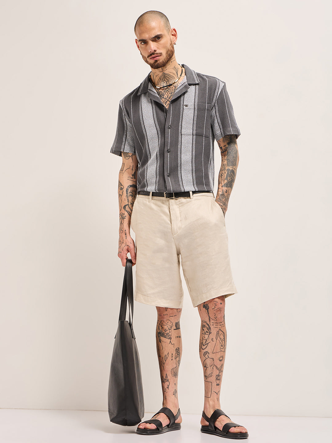 Grey Striped Regular Fit Casual Shirt with Cuban Collar Design