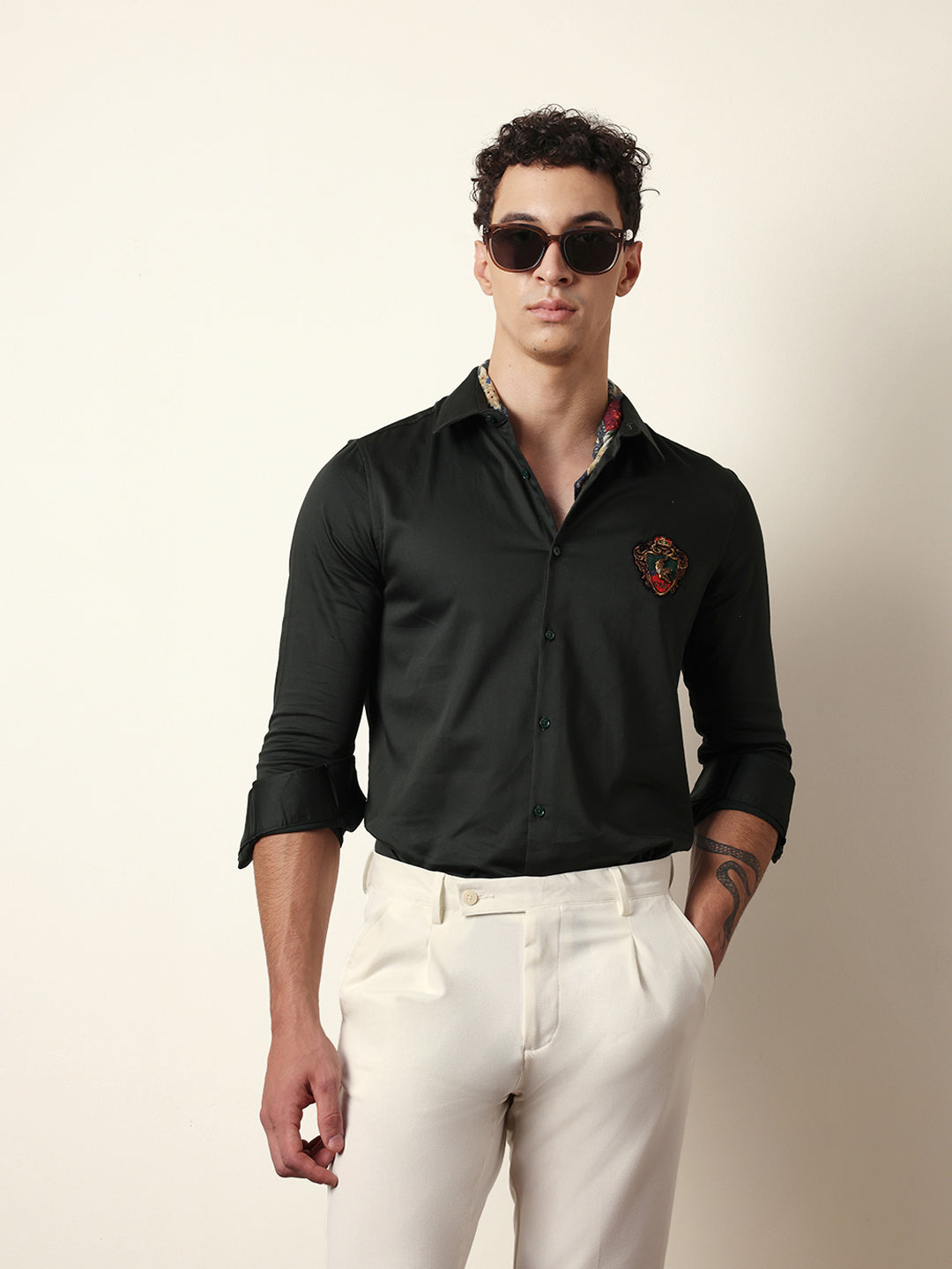 Dark Green Tailored Fit Regal Crest Embroidery Formal Party Shirt