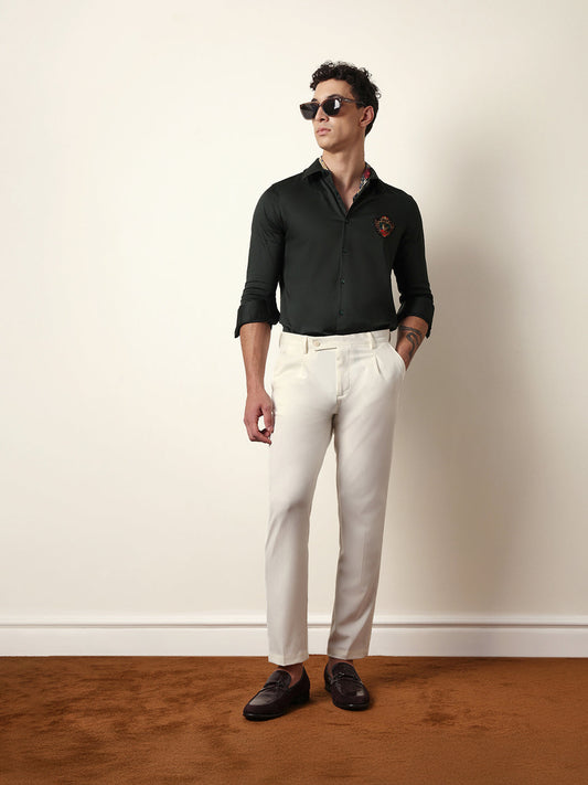 Dark Green Tailored Fit Regal Crest Embroidery Formal Party Shirt
