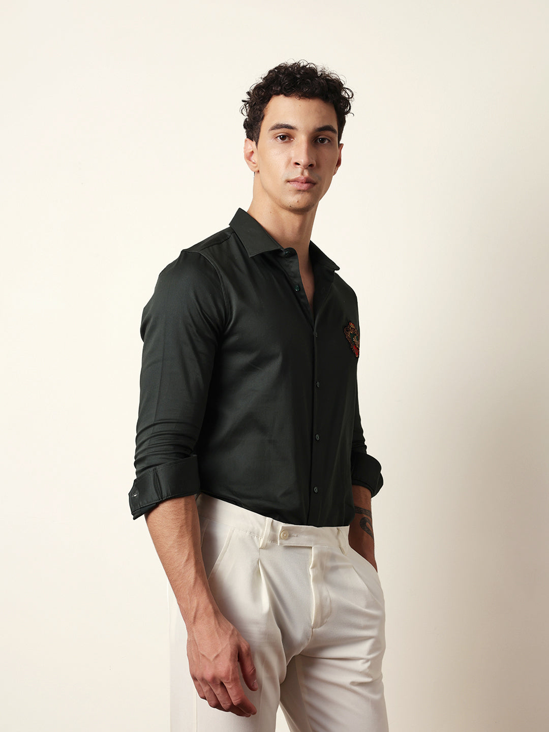 Dark Green Tailored Fit Regal Crest Embroidery Formal Party Shirt