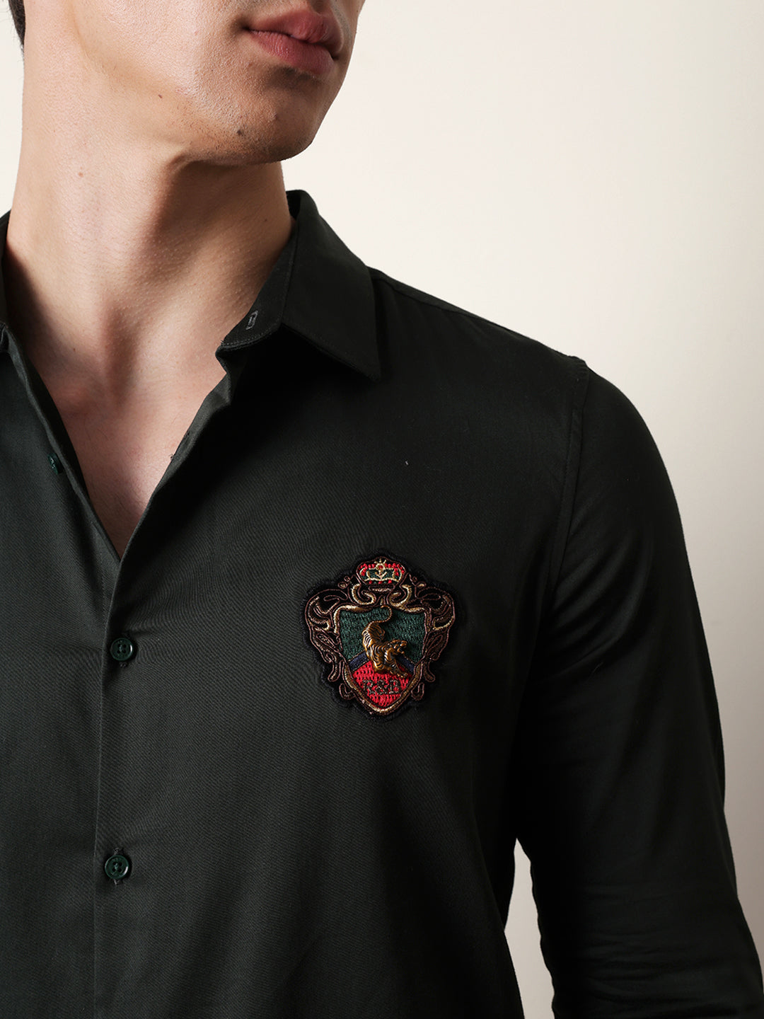 Dark Green Tailored Fit Regal Crest Embroidery Formal Party Shirt