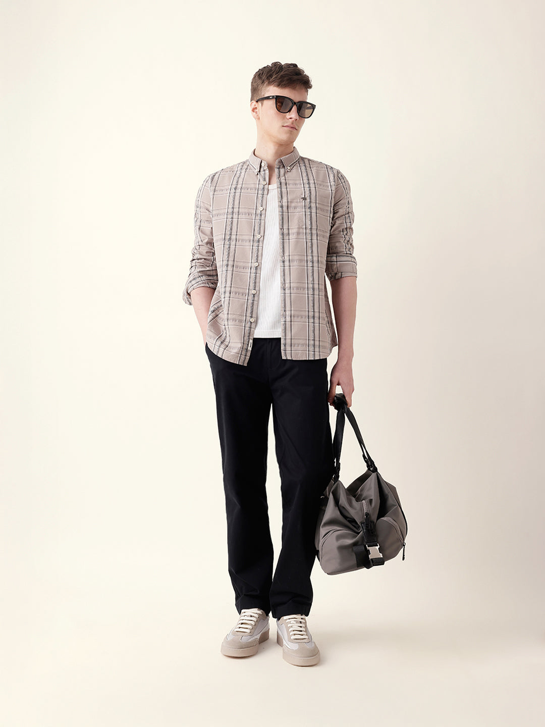 Beige Woven Tartan Checked Slim Fit Casual Shirt