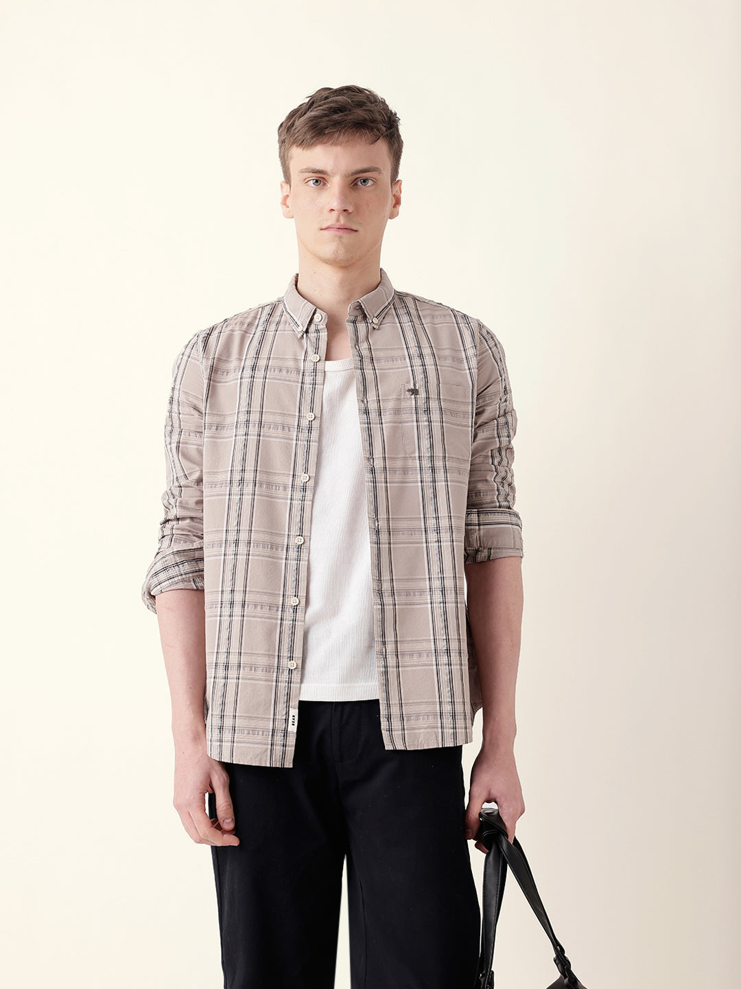 Beige Woven Tartan Checked Slim Fit Casual Shirt