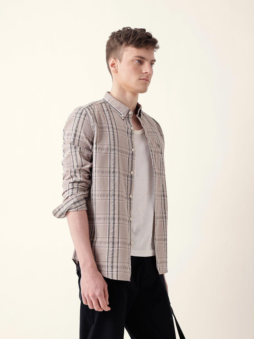Beige Woven Tartan Checked Slim Fit Casual Shirt
