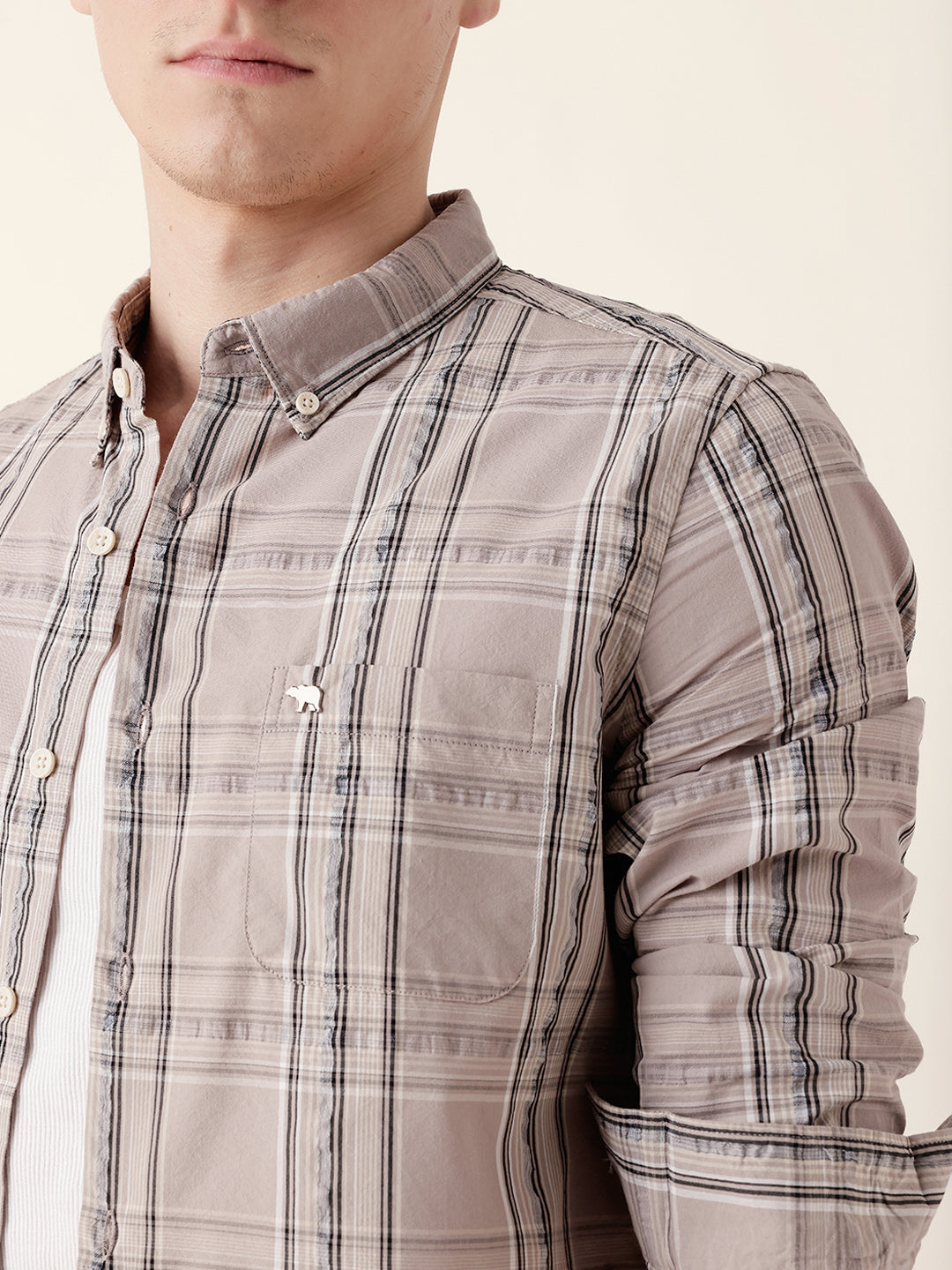 Beige Woven Tartan Checked Slim Fit Casual Shirt