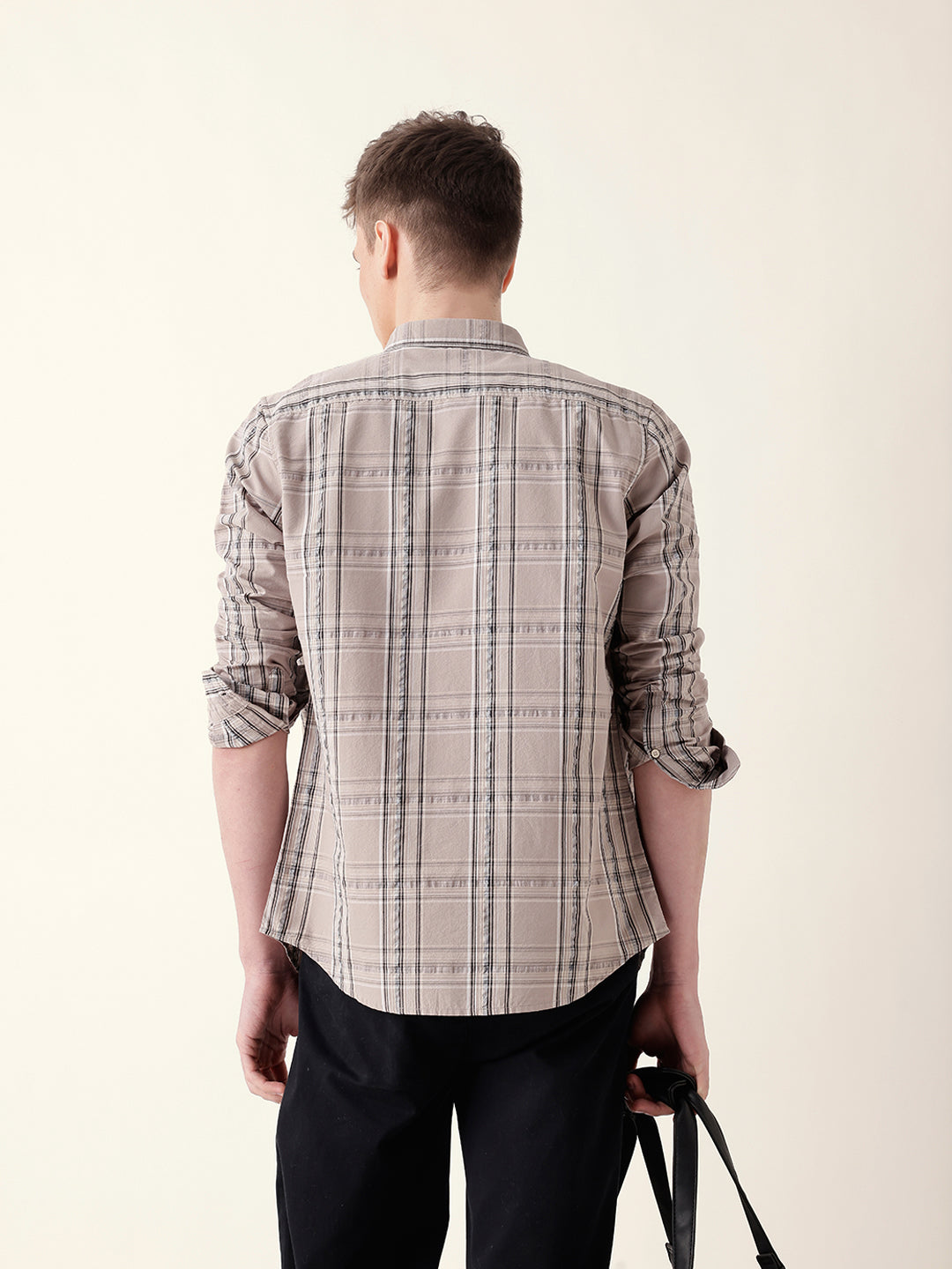 Beige Woven Tartan Checked Slim Fit Casual Shirt