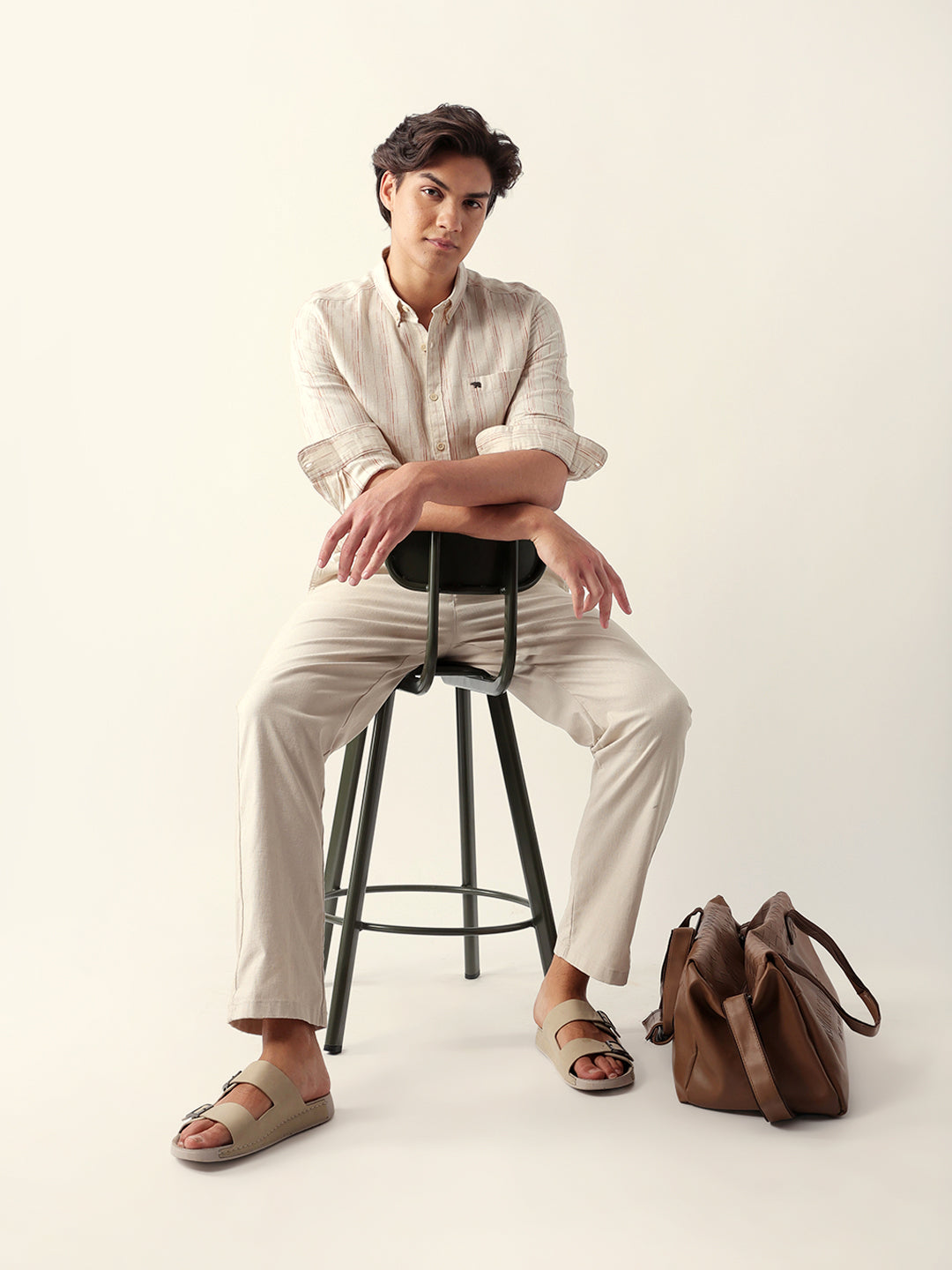 Brown Vertical-Striped Slim Fit Casual Shirt with Subtle Check
