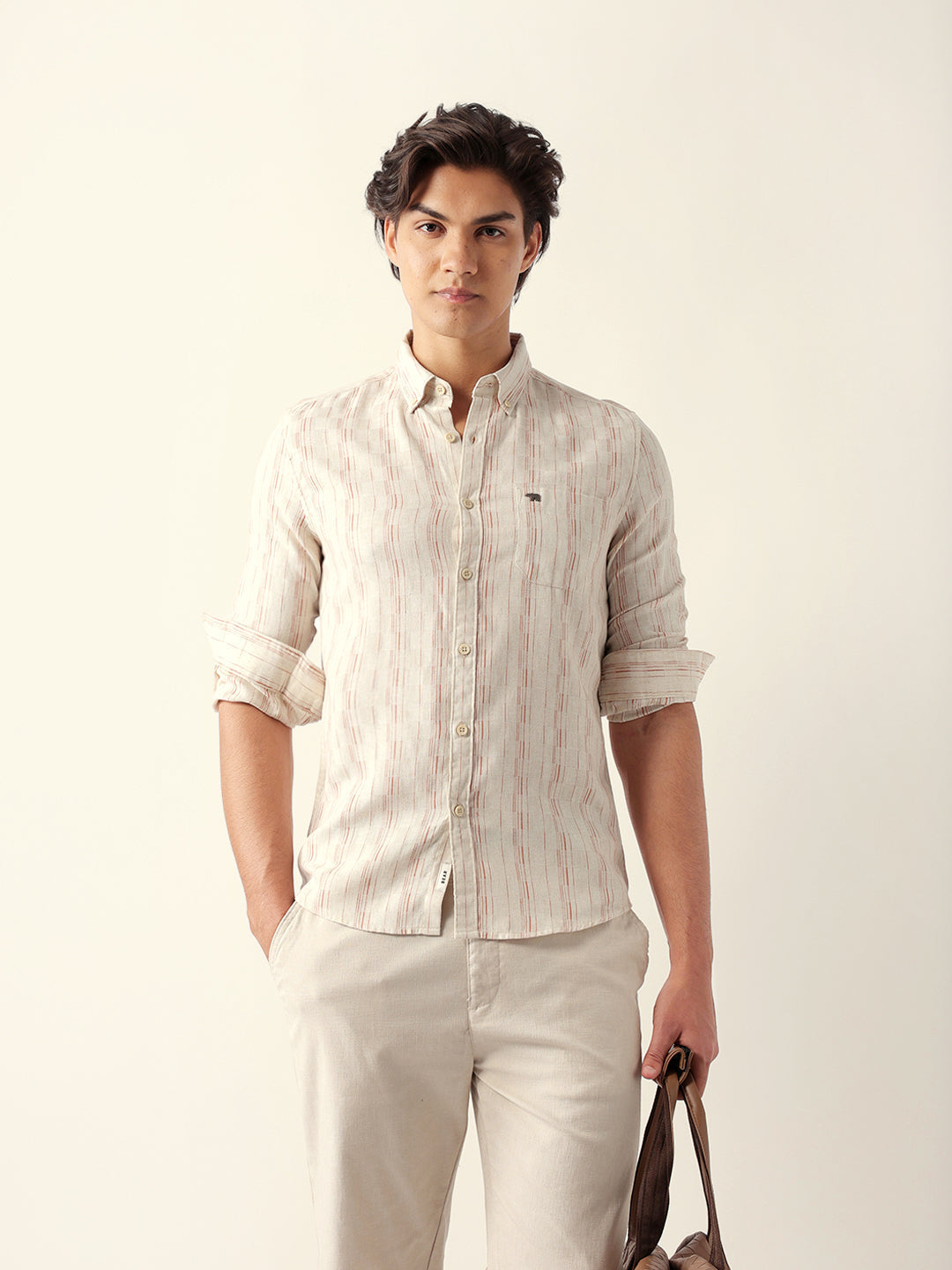 Brown Vertical-Striped Slim Fit Casual Shirt with Subtle Check