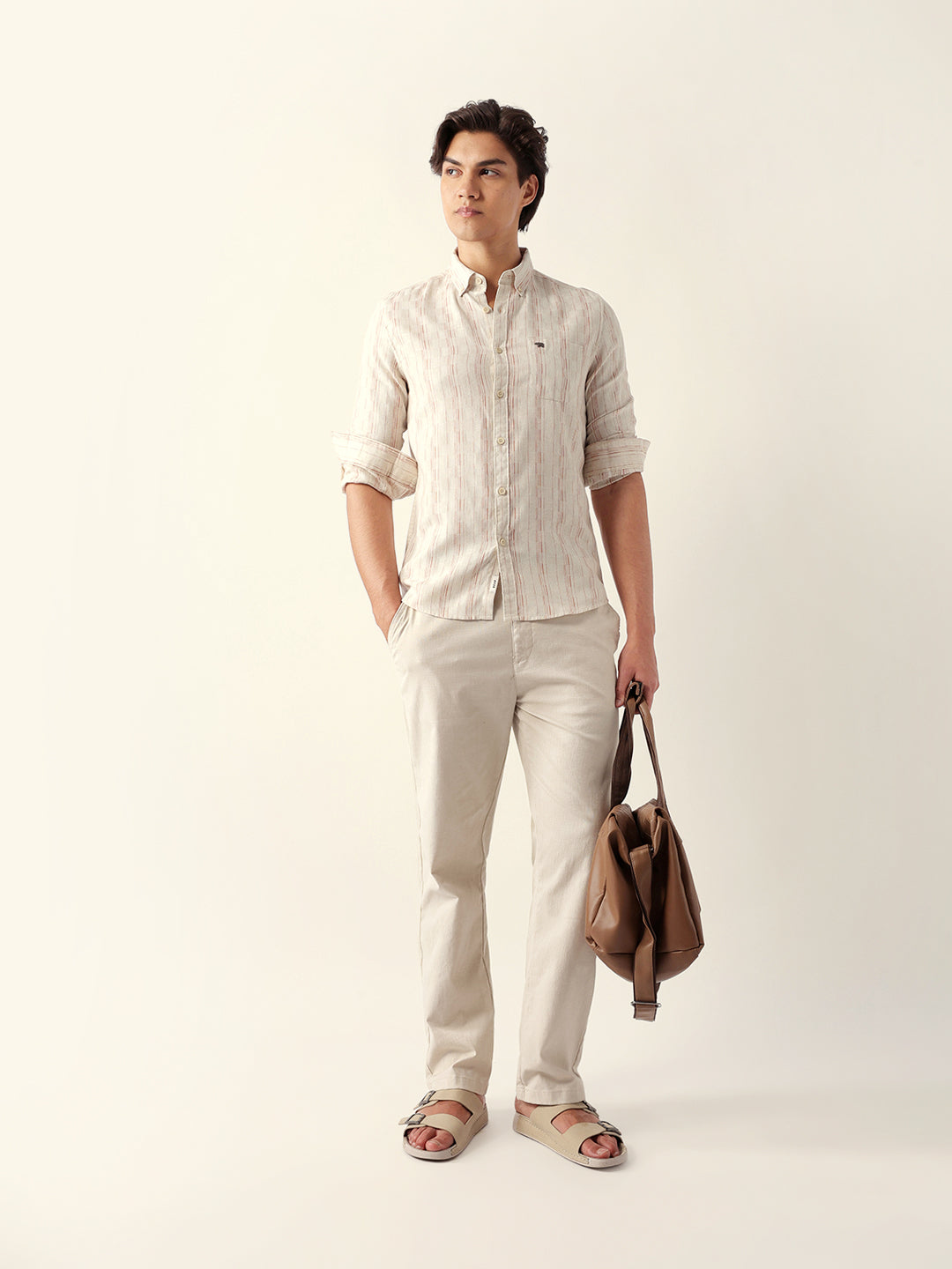 Brown Vertical-Striped Slim Fit Casual Shirt with Subtle Check
