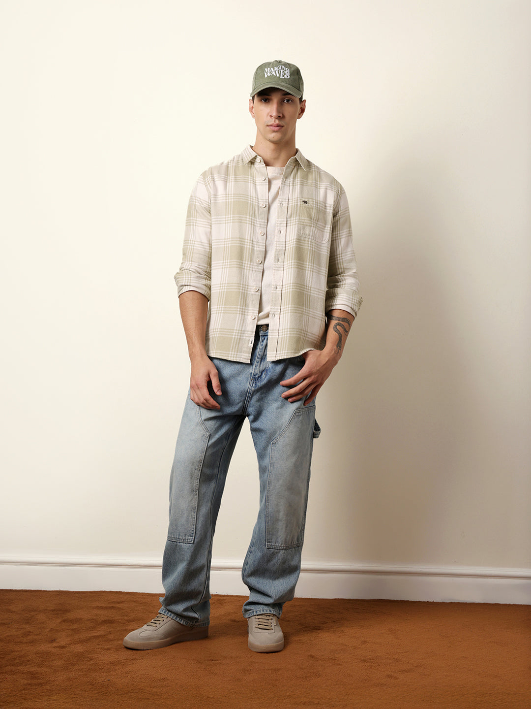 Green & Cream Tartan Check Flannel Regular Fit Casual Shirt