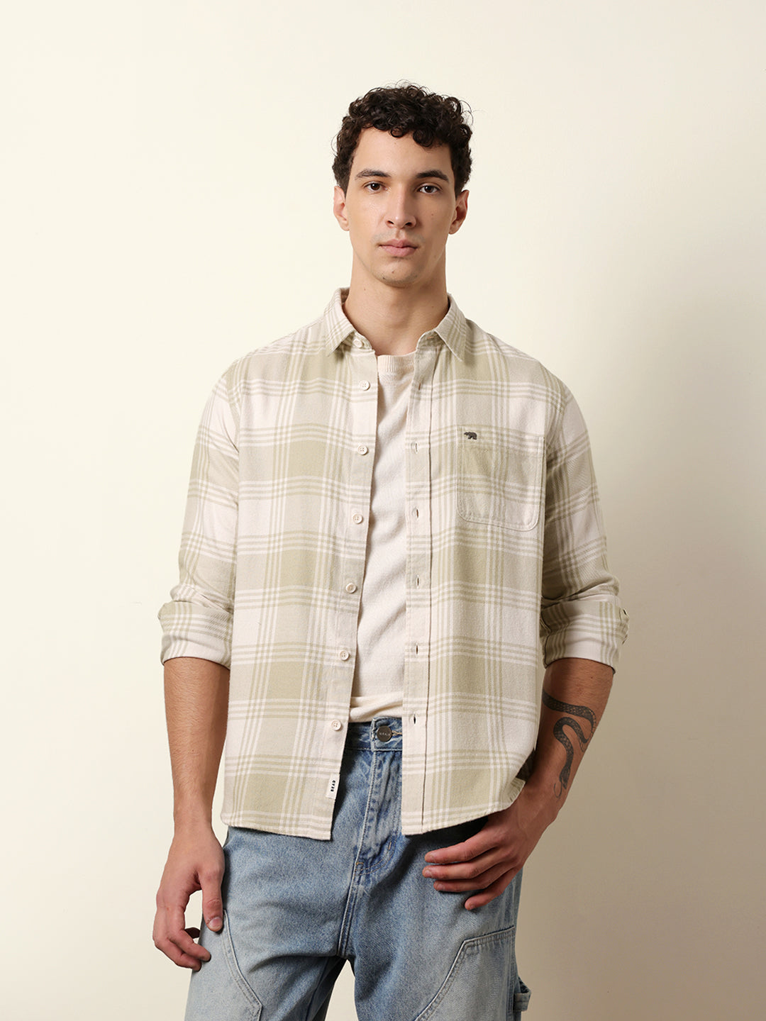 Green & Cream Tartan Check Flannel Regular Fit Casual Shirt