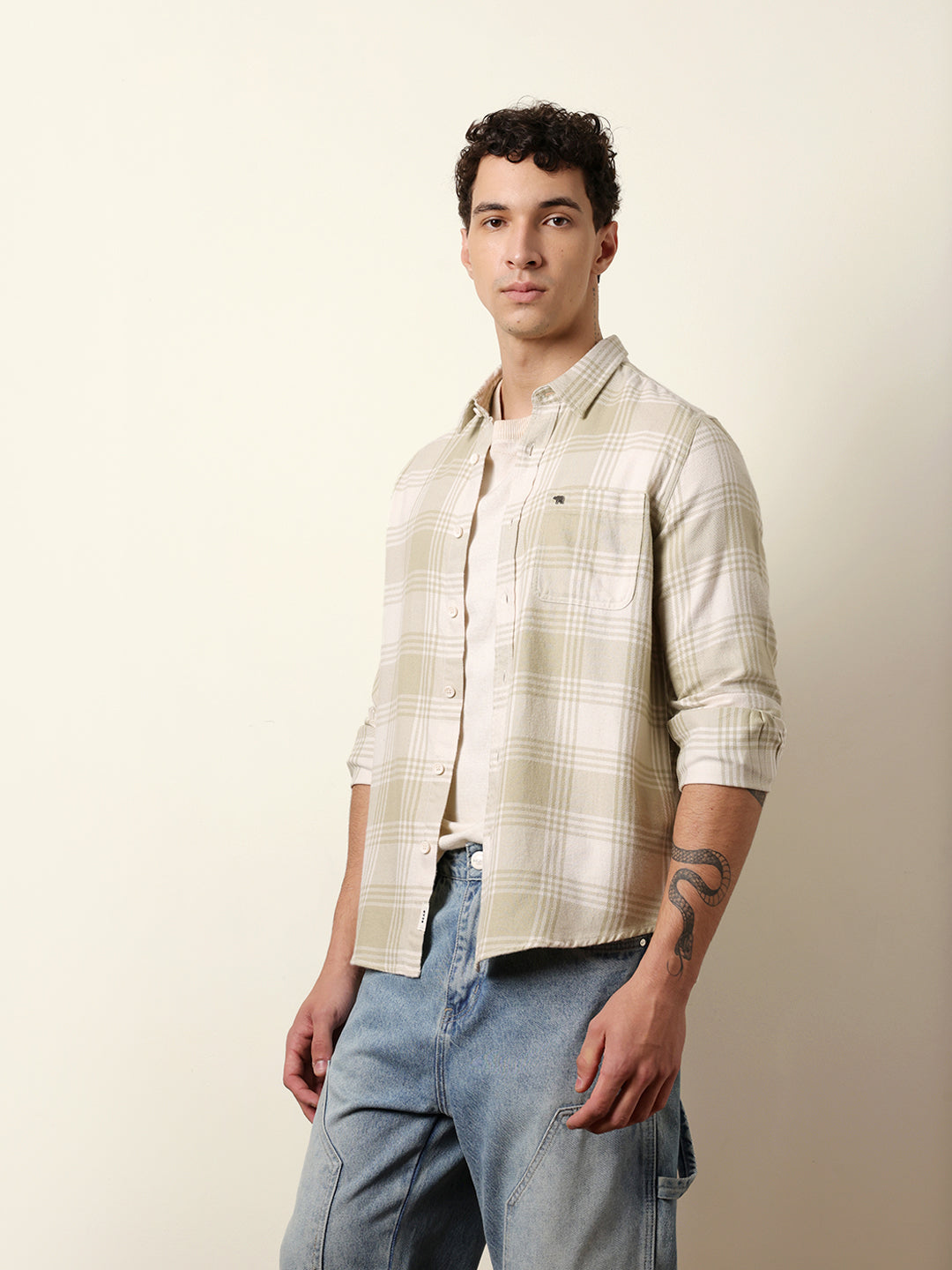 Green & Cream Tartan Check Flannel Regular Fit Casual Shirt