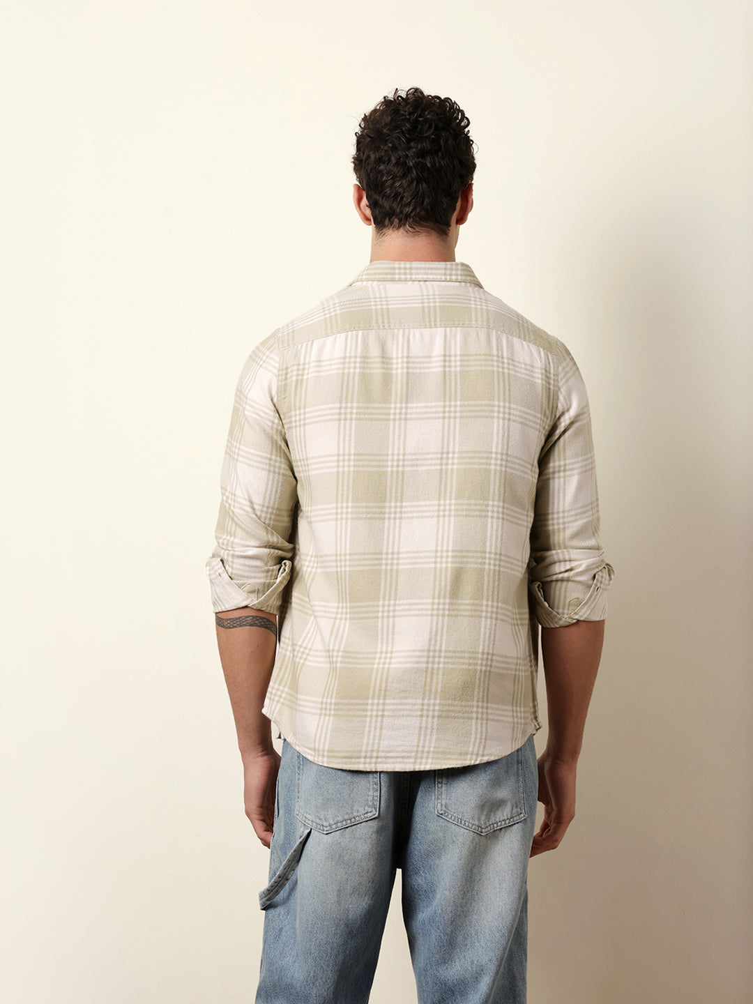 Green & Cream Tartan Check Flannel Regular Fit Casual Shirt