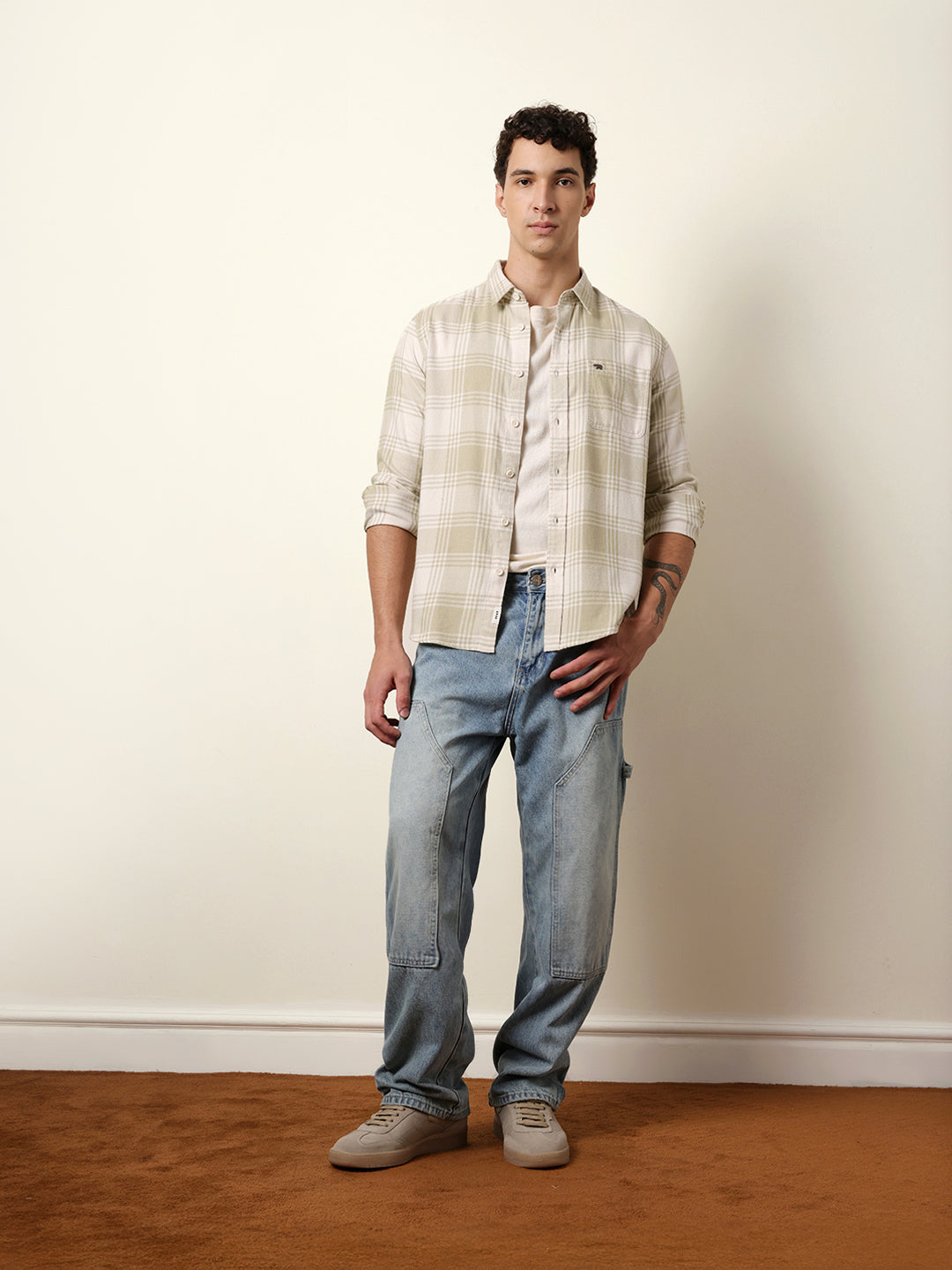 Green & Cream Tartan Check Flannel Regular Fit Casual Shirt