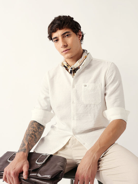 White Slub-Textured Woven Slim Fit Casual Shirt