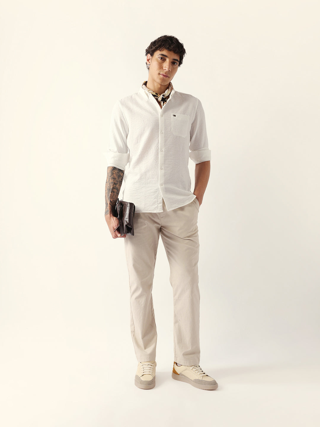 White Slub-Textured Woven Slim Fit Casual Shirt