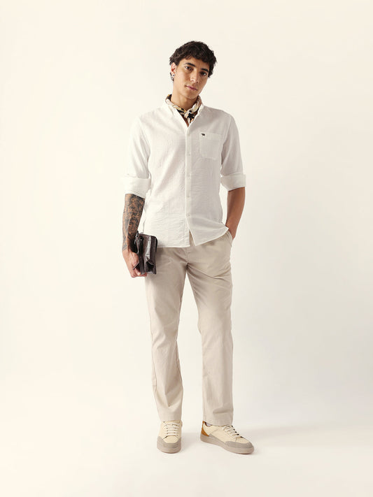 White Slub-Textured Woven Slim Fit Casual Shirt