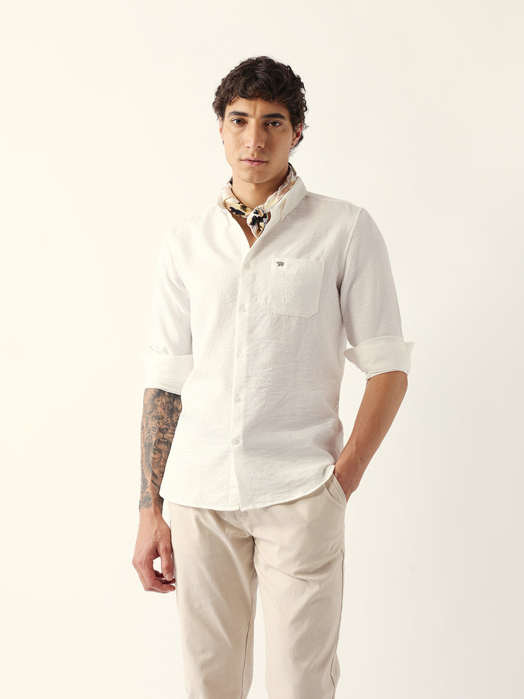 White Slub-Textured Woven Slim Fit Casual Shirt