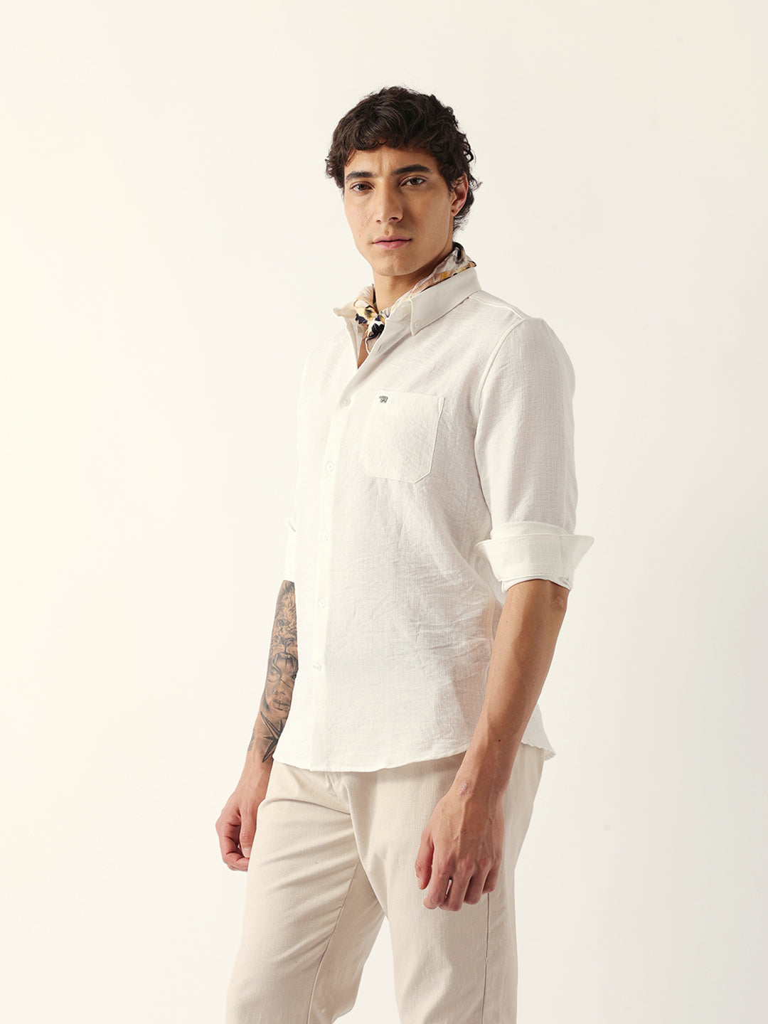 White Slub-Textured Woven Slim Fit Casual Shirt