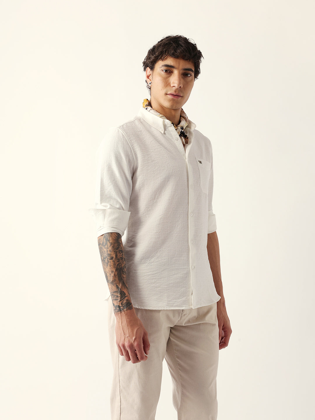 White Slub-Textured Woven Slim Fit Casual Shirt