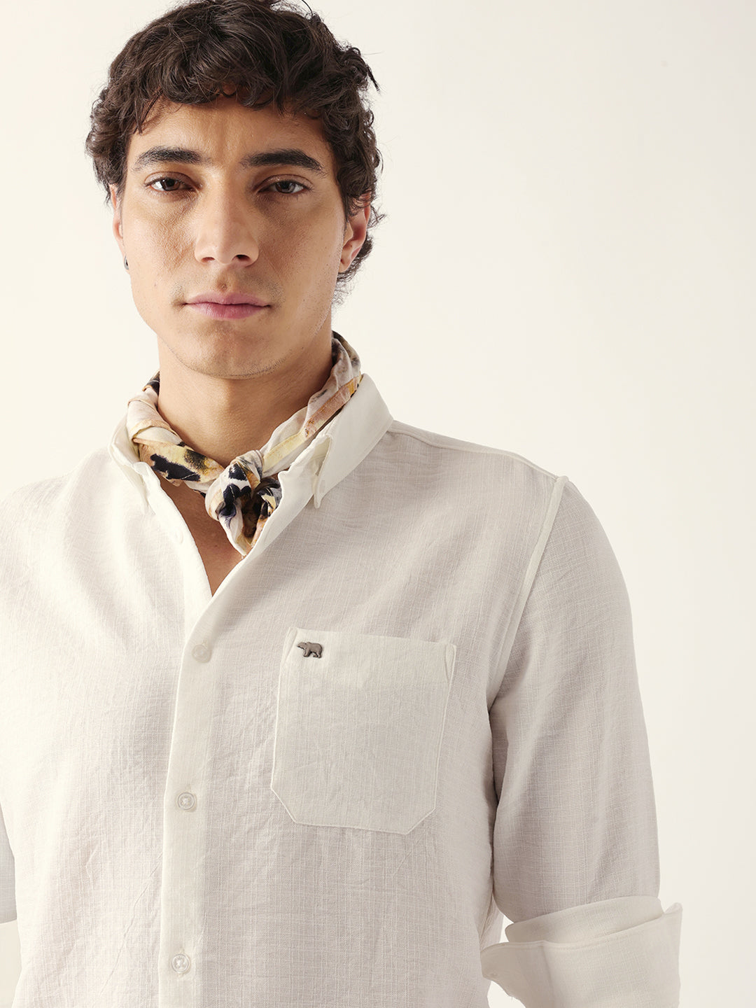 White Slub-Textured Woven Slim Fit Casual Shirt