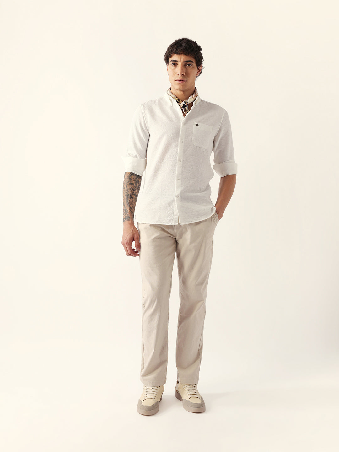 White Slub-Textured Woven Slim Fit Casual Shirt
