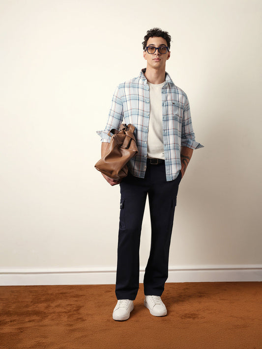 Sky Blue Textured Woven Check Slim Fit Casual Shirt
