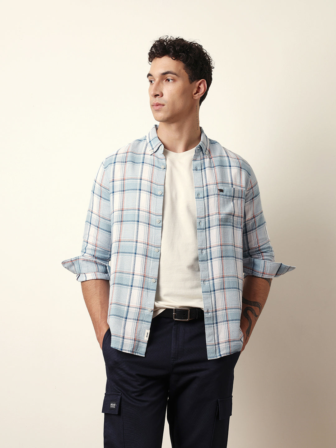 Sky Blue Textured Woven Check Slim Fit Casual Shirt