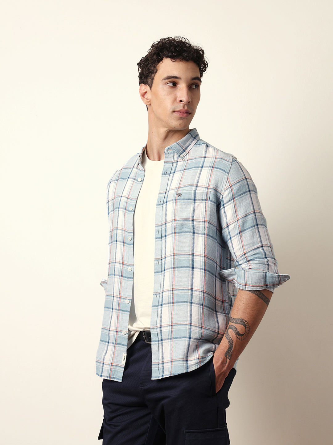 Sky Blue Textured Woven Check Slim Fit Casual Shirt