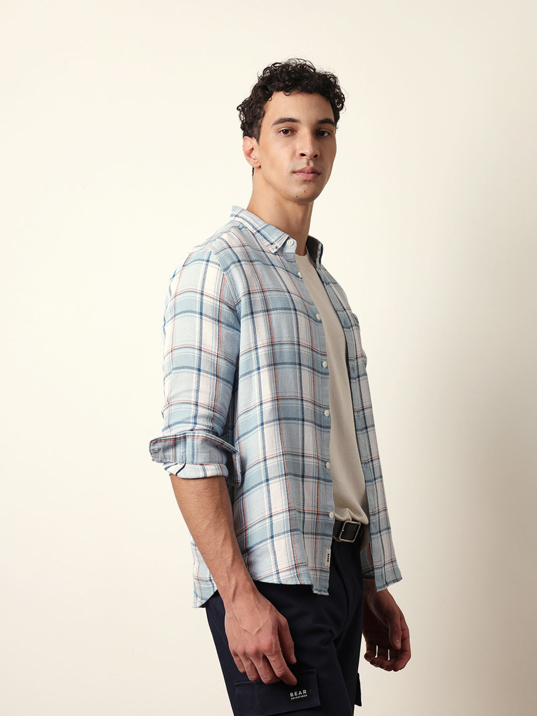 Sky Blue Textured Woven Check Slim Fit Casual Shirt
