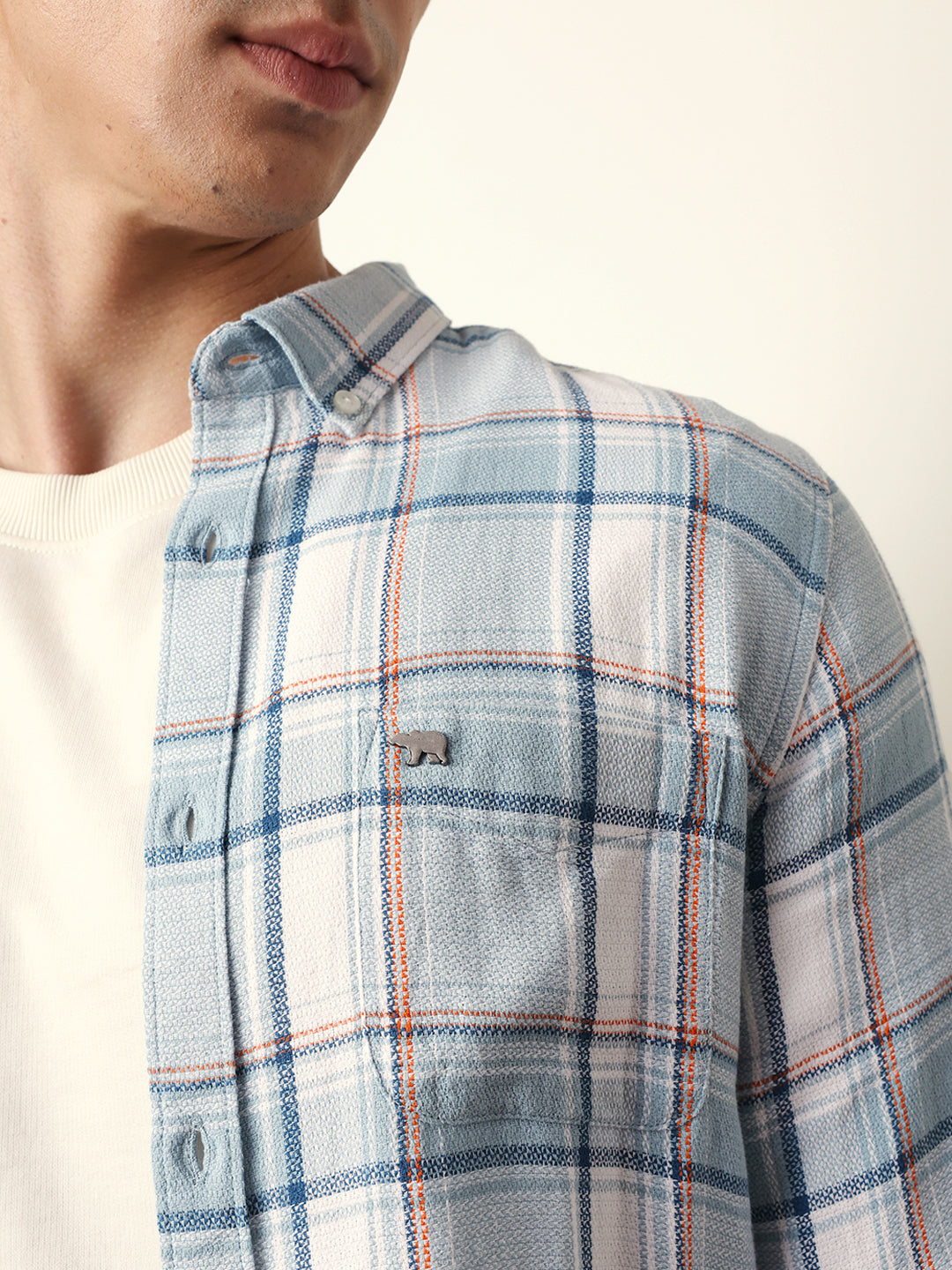 Sky Blue Textured Woven Check Slim Fit Casual Shirt
