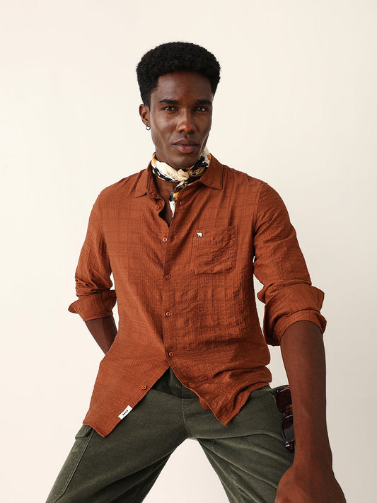 Rust Slim Fit Casual Shirt with Woven Textured Check Design