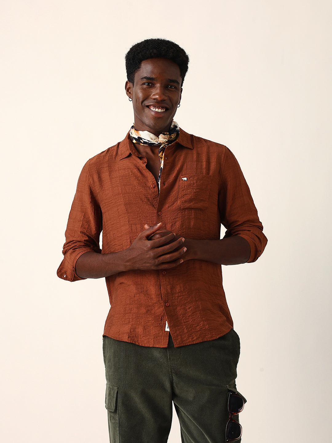 Rust Slim Fit Casual Shirt with Woven Textured Check Design