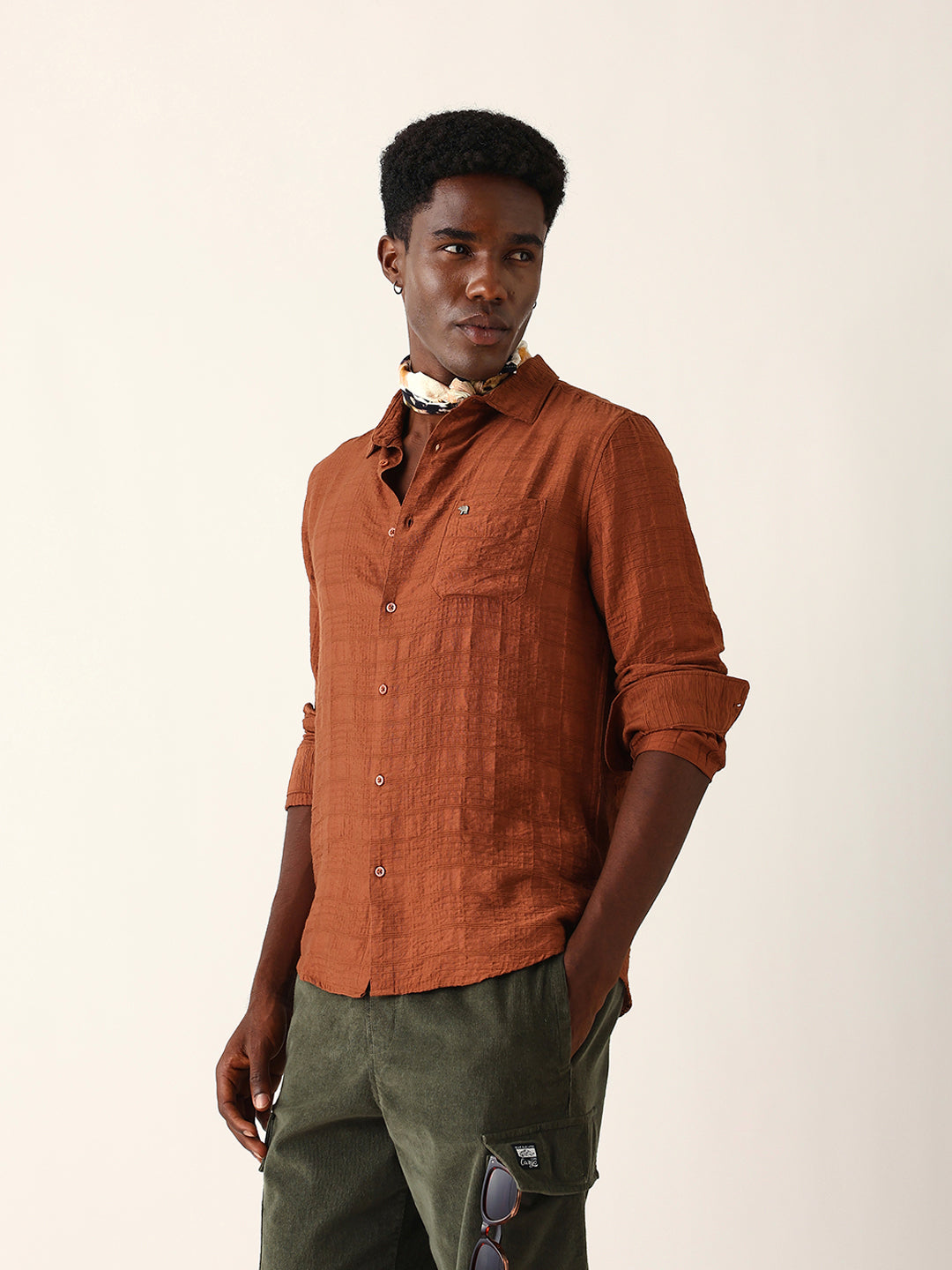 Rust Slim Fit Casual Shirt with Woven Textured Check Design