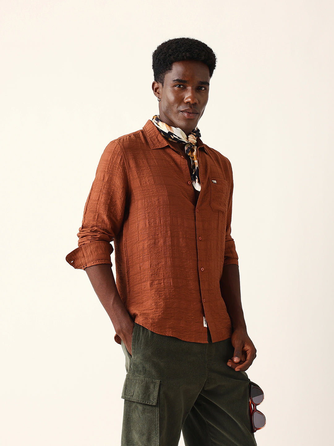 Rust Slim Fit Casual Shirt with Woven Textured Check Design