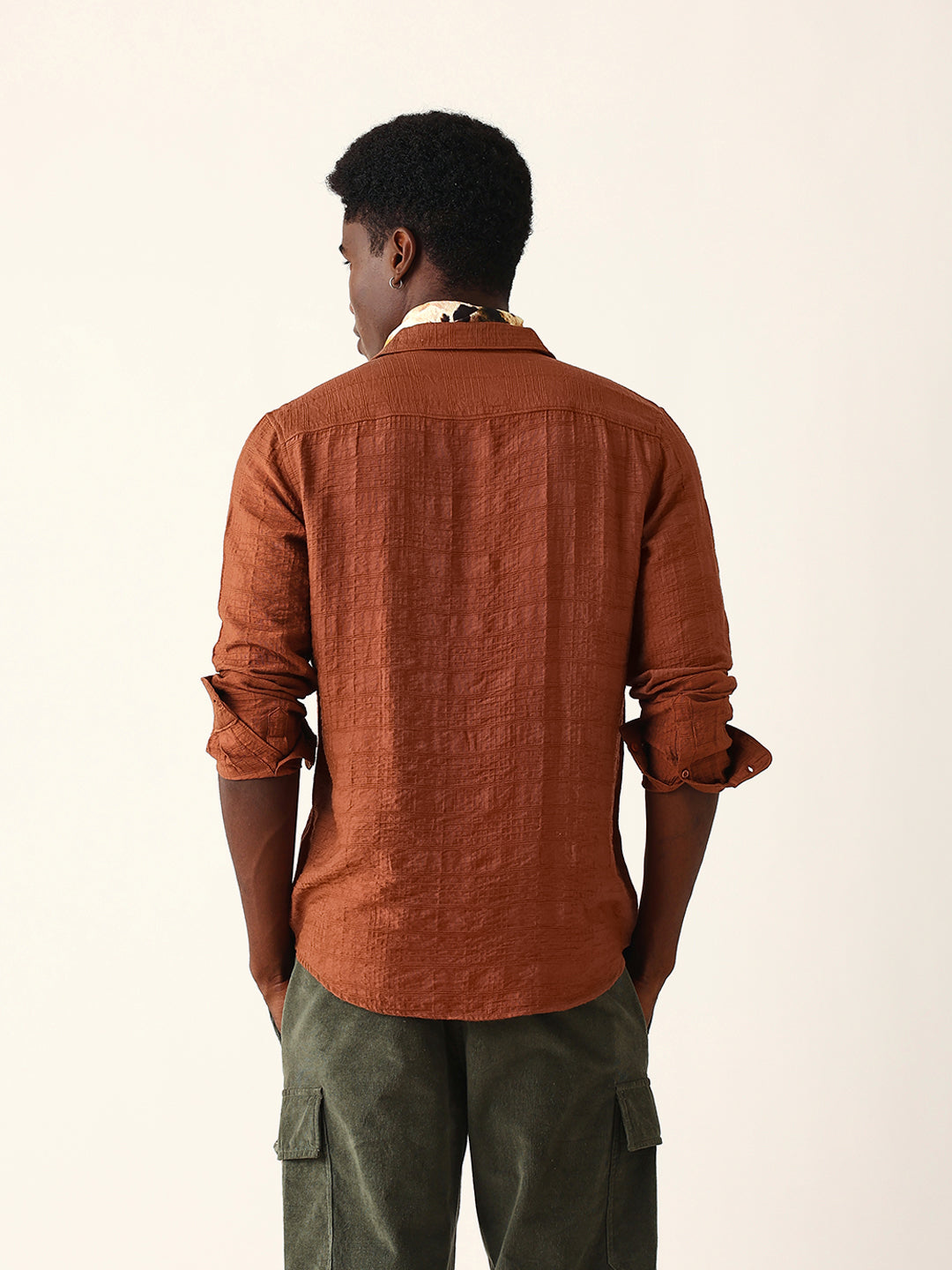 Rust Slim Fit Casual Shirt with Woven Textured Check Design