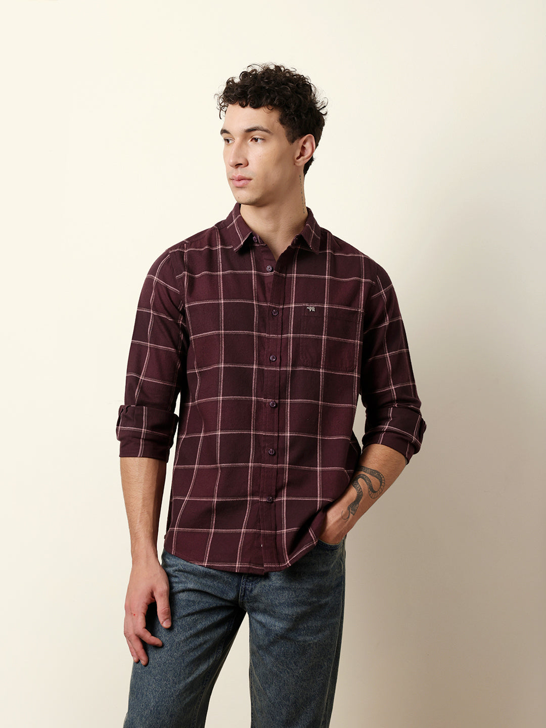 Maroon Checked Flannel Regular Fit Casual Shirt