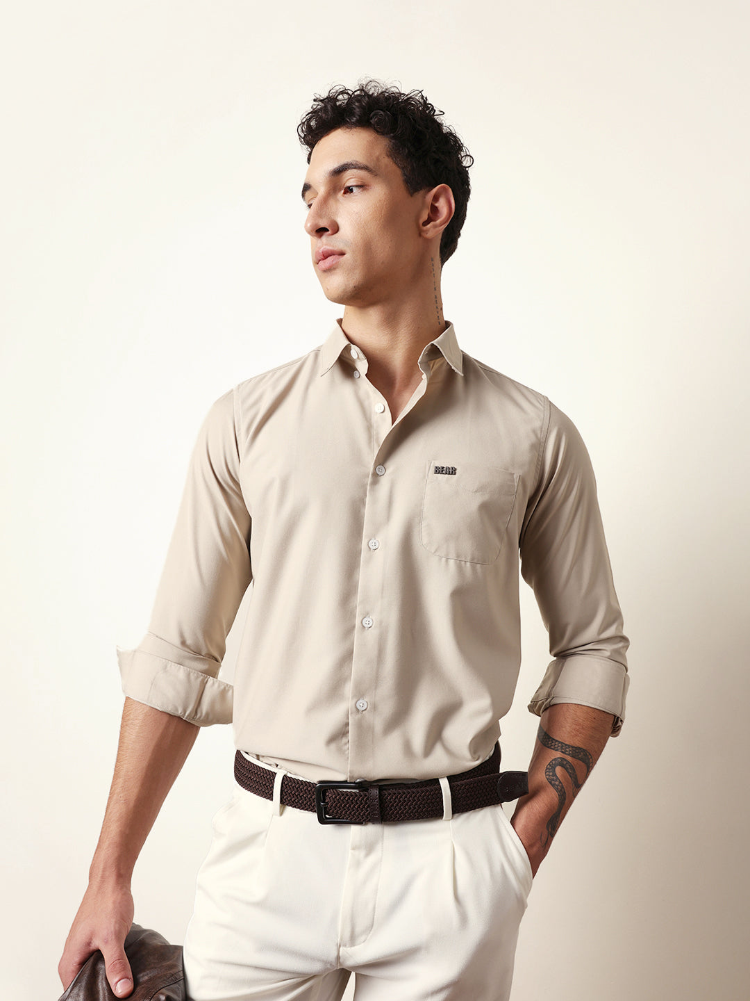 Beige Solid Slim Fit Casual Shirt with a Classic Semi-Formal Look