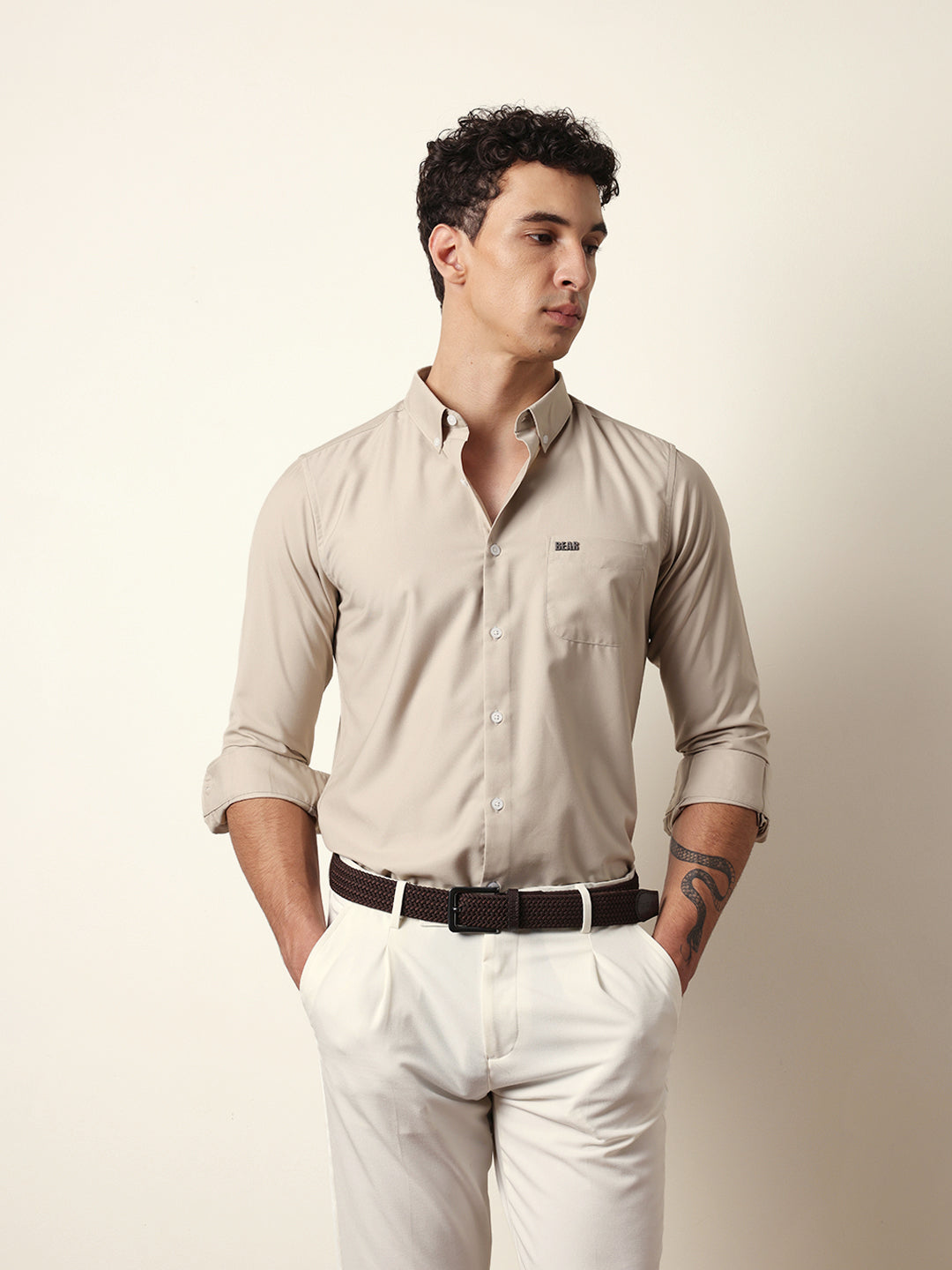 Beige Solid Slim Fit Casual Shirt with a Classic Semi-Formal Look