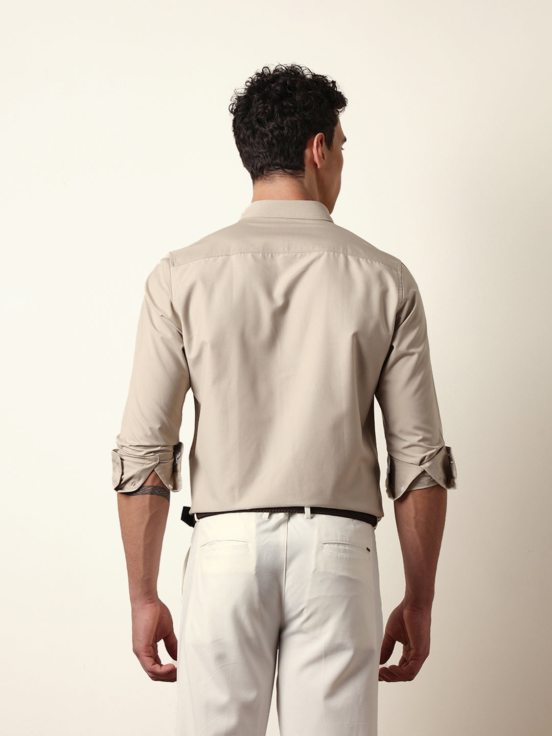 Beige Solid Slim Fit Casual Shirt with a Classic Semi-Formal Look