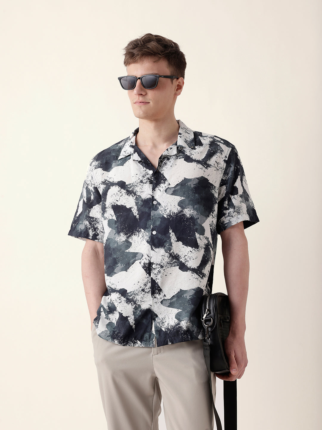 Black & Grey Bold Abstract Paint-Splash Printed Relaxed Fit Short Sleeve Shirt