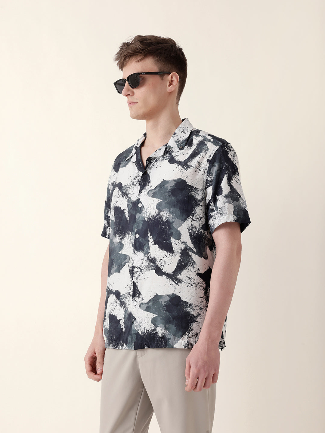 Black & Grey Bold Abstract Paint-Splash Printed Relaxed Fit Short Sleeve Shirt
